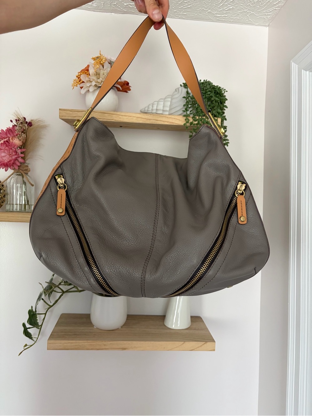 Grey Leather Shoulder Hobo Bag with Tan Strap